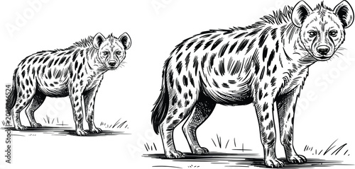 Photography Spotted hyena illustrations, black and white animal drawings, wild mammal artwor