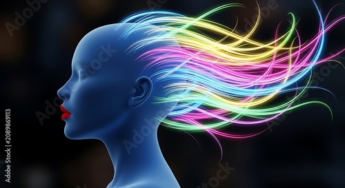 Stylized blue head with abstract glowing colorful hair