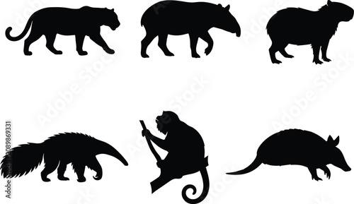 Photography South American Wildlife Silhouette Vector Set Featuring Jaguar, Tapir, Capybara,