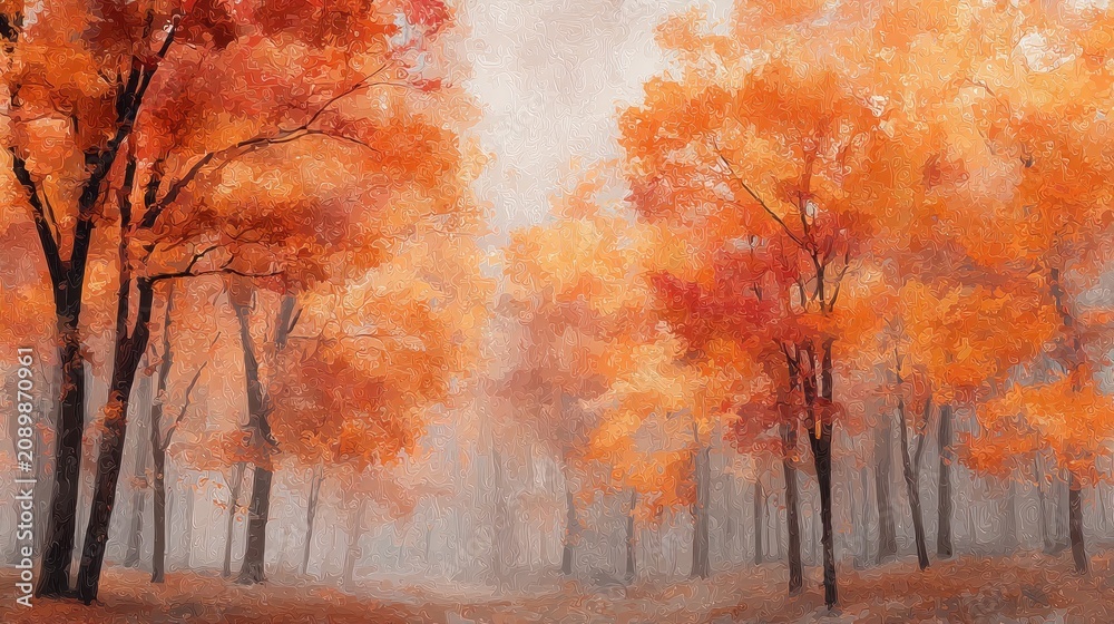 Fototapeta premium Autumnal forest blurred, orange trees in hazy light