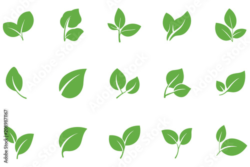 Green leaves flat icon set isolated on white background plant ecology signs nature
