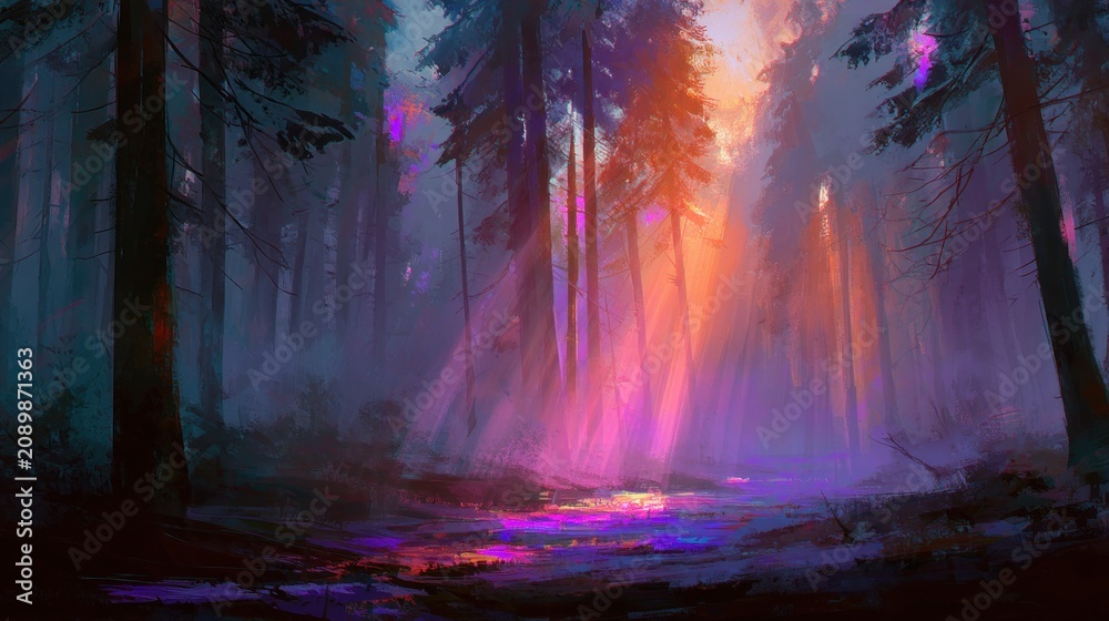 Fototapeta premium Ethereal twilight forest scene, vibrant sunset hues illuminating a misty path through tall, slender trees with a bioluminescent stream