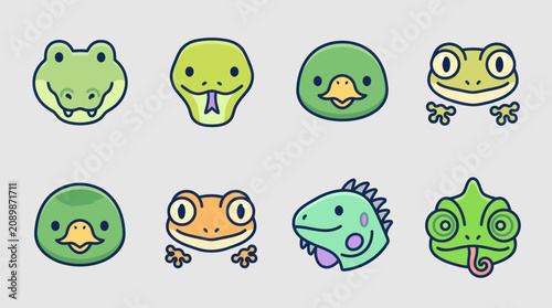 Cuadro en lienzo Cute reptile and amphibian character icons