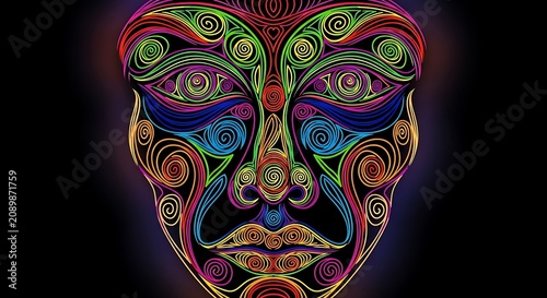 Vibrant abstract face mask with colorful glowing lines on dark background