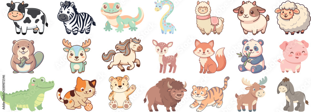 Fototapeta premium Cute cartoon farm and wild animals mega collection, isolated vector illustrations