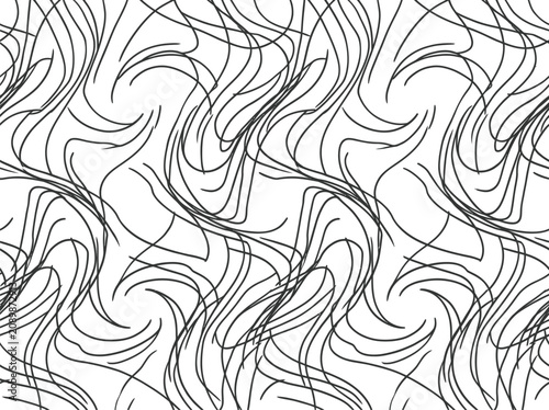Abstract seamless pattern with tangled thin black lines and organic curved shapes on transparent.