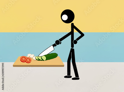 Stick figure chopping cucumber on a cutting board with tomato and mushroom. Flat design illustration.