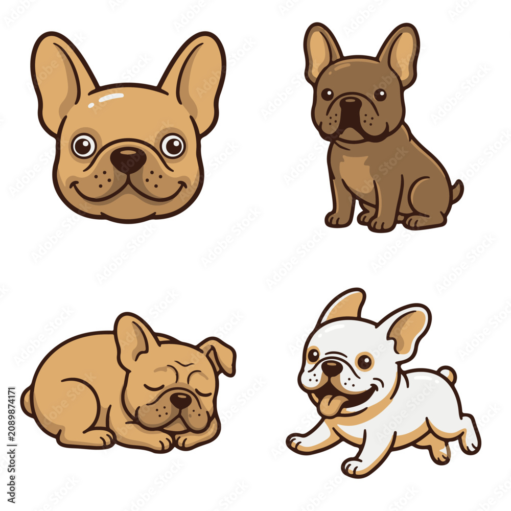 Fototapeta premium Set of Cute French Bulldog Icons, Different Poses and Colors Collection.ai