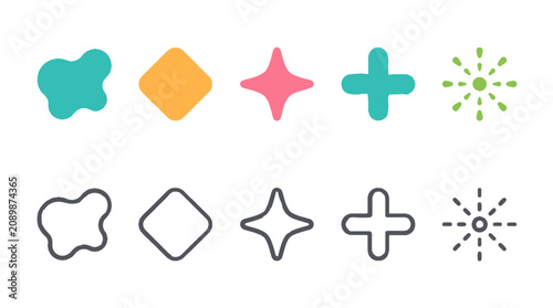 Abstract Geometric Shape Icon Set, Colorful Rounded Diamond Star and Plus Symbols Editable Vector Collection
