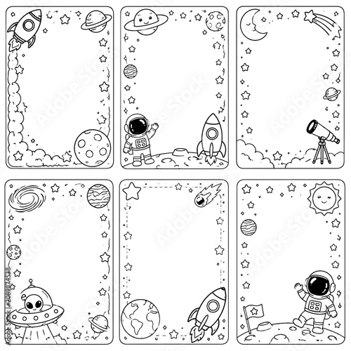Six separate space themed coloring page frames featuring cute cartoon planets rockets astronauts and stars in a clean line art