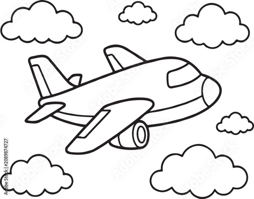 Passenger Airplane Flying in Clouds Black and White Outline Vector Illustration