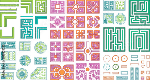 Tableau sur toile Formal garden layout elements and maze plan symbols landscape architecture CAD v