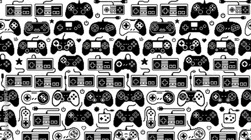 Background seamless pattern of pixel art game controller gamepad hardware tech design.
