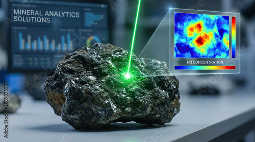 Rare earth mineral high demand analysis with laser scanning technology showing concentration heat map and mineral analytics solutions on digital screen