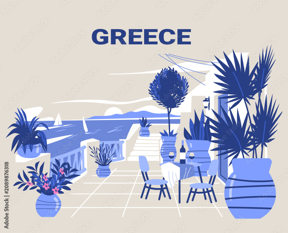 Fototapeta premium Greece Mediterranean terrace sea view outdoor dining potted plants sunset sailboats blue white coastal scenery travel concept