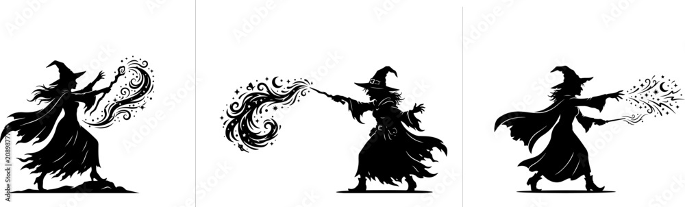 Fototapeta premium Halloween witch casting magic spell silhouette.
