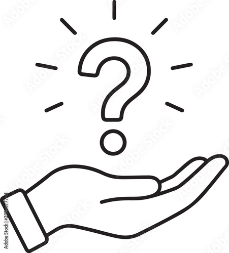 Helping Hand with Question Mark Black and White Outline Support Vector Illustration