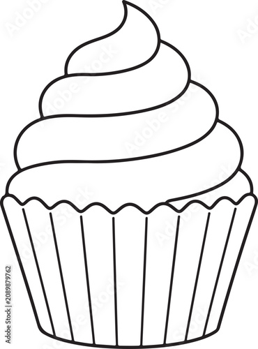 Cupcake with Swirl Frosting Black and White Outline Vector Illustration