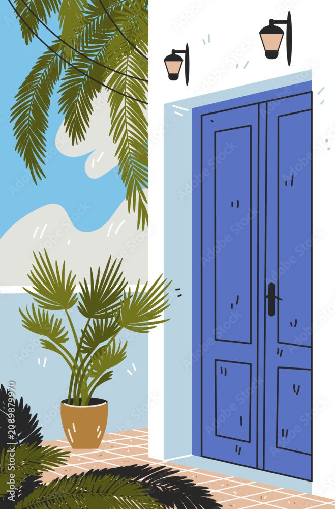 Obraz premium Mediterranean coastal resort blue door palm trees sunlit terrace white building potted plant outdoor lamps summer travel