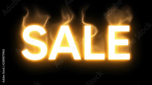 The word SALE glowing in bright white with hot yellow flames and smoke rising up on a black background