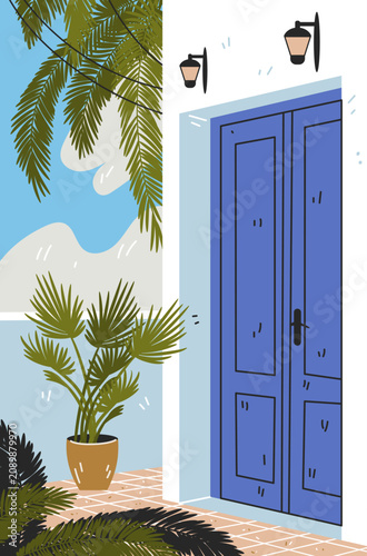 Mediterranean coastal resort blue door palm trees sunlit terrace white building potted plant outdoor lamps summer travel