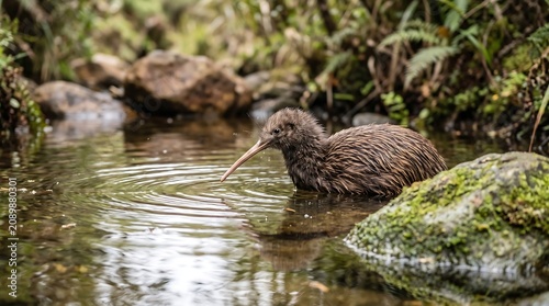 Wild kiwi bird foraging in a forest stream