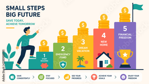 Man steps up a colorful stairway of financial goals. Each step represents a milestone toward future success. He smiles as he climbs, showing motivation and progress. Bright icons highlight saving