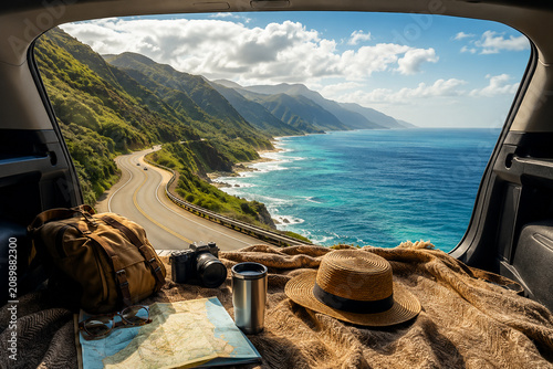Road Trip Adventure: View from the back of a car reveals a scenic coastal highway winding alongside the sparkling blue ocean, with travel essentials like a map, camera, and hat laid out.