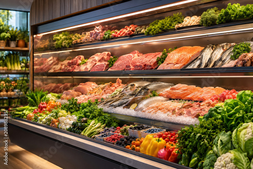 Fresh Produce and Fine Meats Display: A vibrant, well-stocked display case brimming with an array of fresh fruits, vegetables, raw meats, and seafood, artfully arranged for optimal presentation.