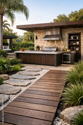 Luxury Outdoor Kitchen Retreat: An elegant backyard oasis featuring a modern stone kitchen with stainless grill, framed by a wooden walkway and stepping stones in a tranquil landscaped garden setting.