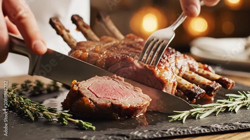 Chef carving a juicy roasted rack of lamb. Slicing medium-rare meat for a gourmet dinner. Fine dining and culinary preparation