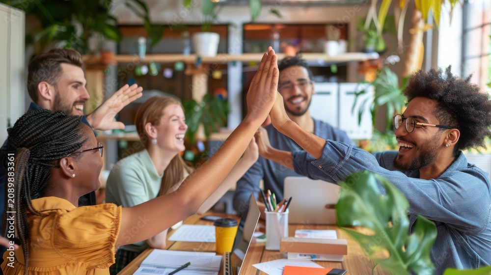 Obraz premium Coworkers celebrate a successful project completion by sharing a high five in a modern bright office.