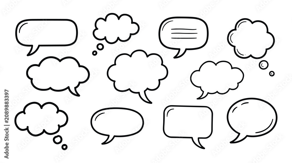 Fototapeta premium Speech Bubbles Collection. A diverse array of speech and thought bubbles, presented in a clean, graphic style. dialogue box, comic element, communication icon, chat symbol, idea balloon.