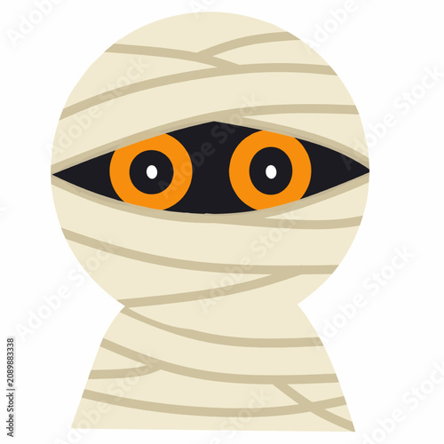 Cute mummy character face illustration. Funny cartoon mummy head. Happy Halloween party mascot design. Wrapped bandage monster sticker for kids. Spooky character vector icon.
