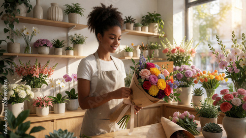 Eine junge Floristin bindet in einem lichtdurchfluteten Blumenladen einen prachtvollen Hochzeitsstrauß, umgeben von unzähligen frischen Blumen und stilvoller Dekoration.KI Generiert