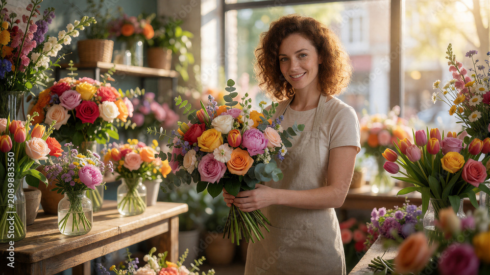 Fototapeta premium Eine junge Floristin bindet in einem lichtdurchfluteten Blumenladen einen prachtvollen Hochzeitsstrauß, umgeben von unzähligen frischen Blumen und stilvoller Dekoration.KI Generiert