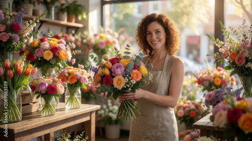 Eine junge Floristin bindet in einem lichtdurchfluteten Blumenladen einen prachtvollen Hochzeitsstrauß, umgeben von unzähligen frischen Blumen und stilvoller Dekoration.KI Generiert