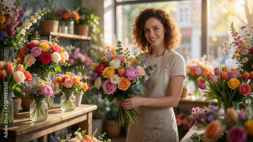Eine junge Floristin bindet in einem lichtdurchfluteten Blumenladen einen prachtvollen Hochzeitsstrauß, umgeben von unzähligen frischen Blumen und stilvoller Dekoration.KI Generiert