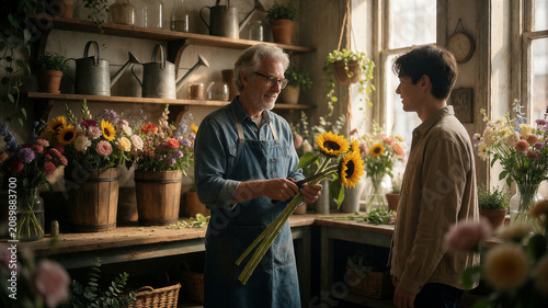 Ein erfahrener Florist gestaltet in einem eleganten Blumengeschäft ein hochwertiges Blumenarrangement zwischen farbenfrohen Blumen und modernen Holzmöbeln. KI Generiert