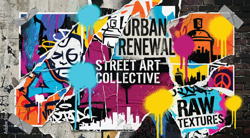 Fotografija Urban renewal street art collective poster collage with spray paint textures and