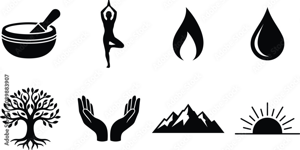 Fototapeta premium Black Silhouette Icons of Wellness, Nature, and Balance Elements