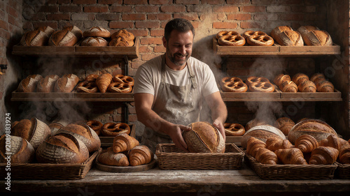 Ein Bäcker holt frisch gebackene Brote  und präsentiert sie in einer traditionellen Handwerksbäckerei.KI Generiert