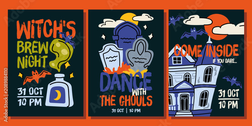 Haunted house and witch brew night hand drawn vector party invitation