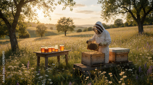 Ein Imker entnimmt vorsichtig eine mit Honig gefüllte Wabe aus einem Bienenstock auf einer blühenden Wiese. KI Generiert