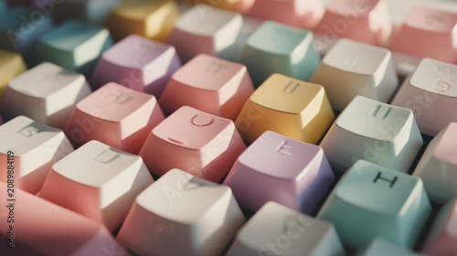 Pastel keyboard close-up. Soft, muted colors on keys arranged in rows. Letters visible on caps