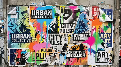 Slika na platnu Urban collective street art poster wall with creative rebellion and city pulse t
