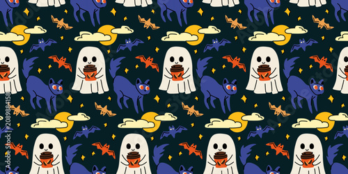 Cute ghost with coffee and spooky cats Halloween seamless pattern vector