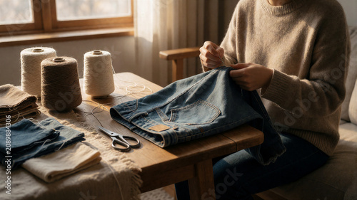 Eine Hose wird von einer person repariert . Recycling statt wegwerfen. KI Generiert