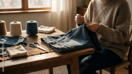 Eine Hose wird von einer person repariert . Recycling statt wegwerfen. KI Generiert