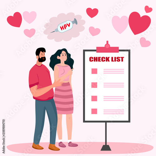 Young couple looking at health check up list board and thinking about HPV vaccine. Pre-marital healthcare planning, human papillomavirus immunization, and couples wellness flat vector illustration.